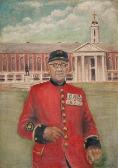 Portret van een inwoner met het ziekenhuis op de achtergrond door Unbekannt Unbekannt